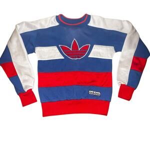 Vintage 80s Adidas Trefoil red white blue Striped  Crewneck Sweatshirt youth SM